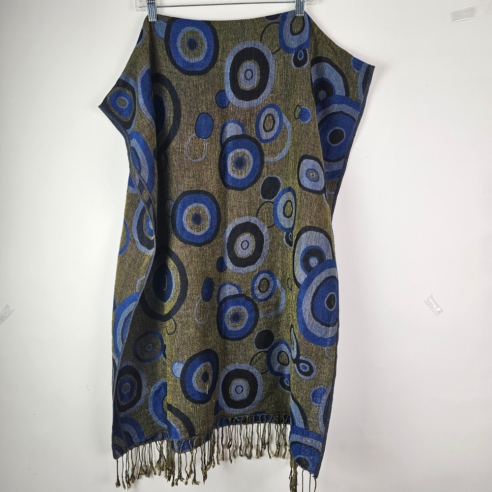 Pashmina Silk Blend Scarf Blue Gold Geometric Circle Print Fringe Wrap Shawl